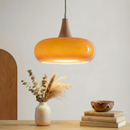 AmberAura Elegant Amber Glass Kitchen Pendant Light With Wooden Top