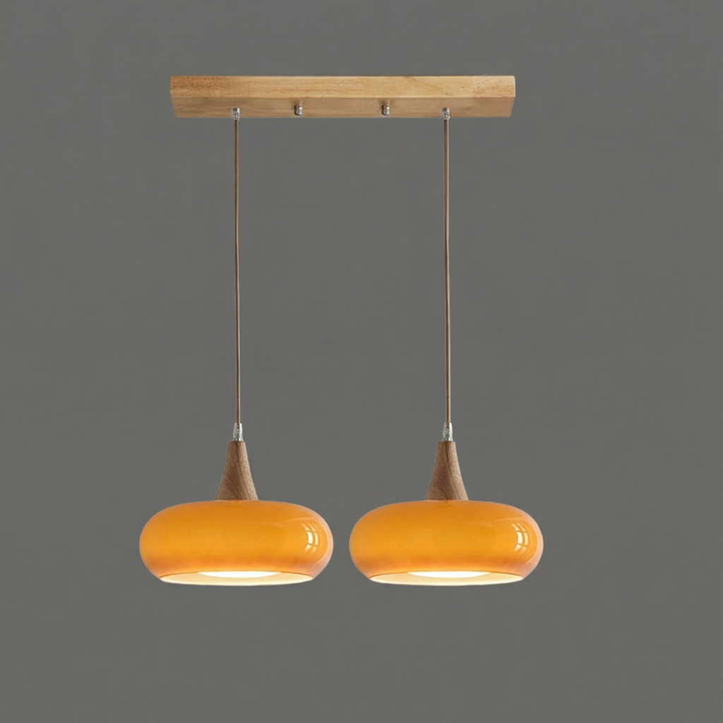 AmberAura Elegant Amber Glass Kitchen Pendant Light With Wooden Top