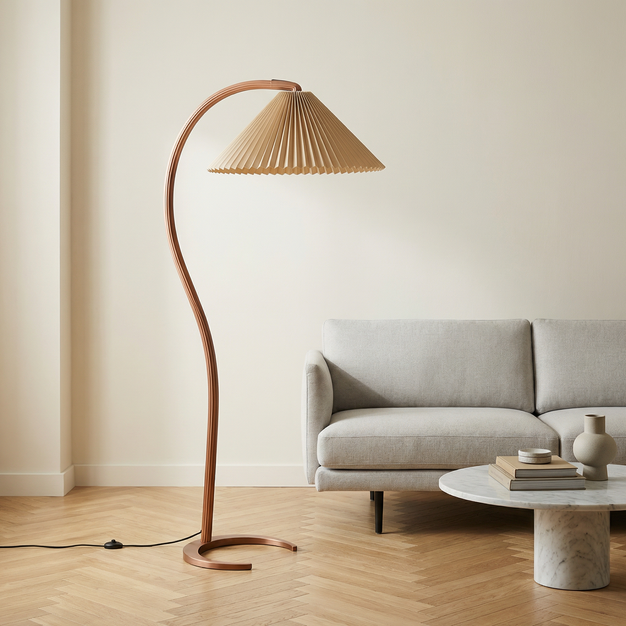 Aurelia Collection Modern Floor Lamp With Curved Beech Wood Stem For Living Rooms