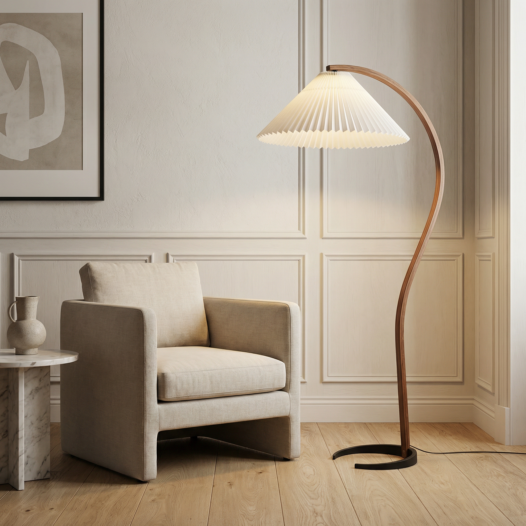 Aurelia Collection Modern Floor Lamp With Curved Beech Wood Stem For Living Rooms