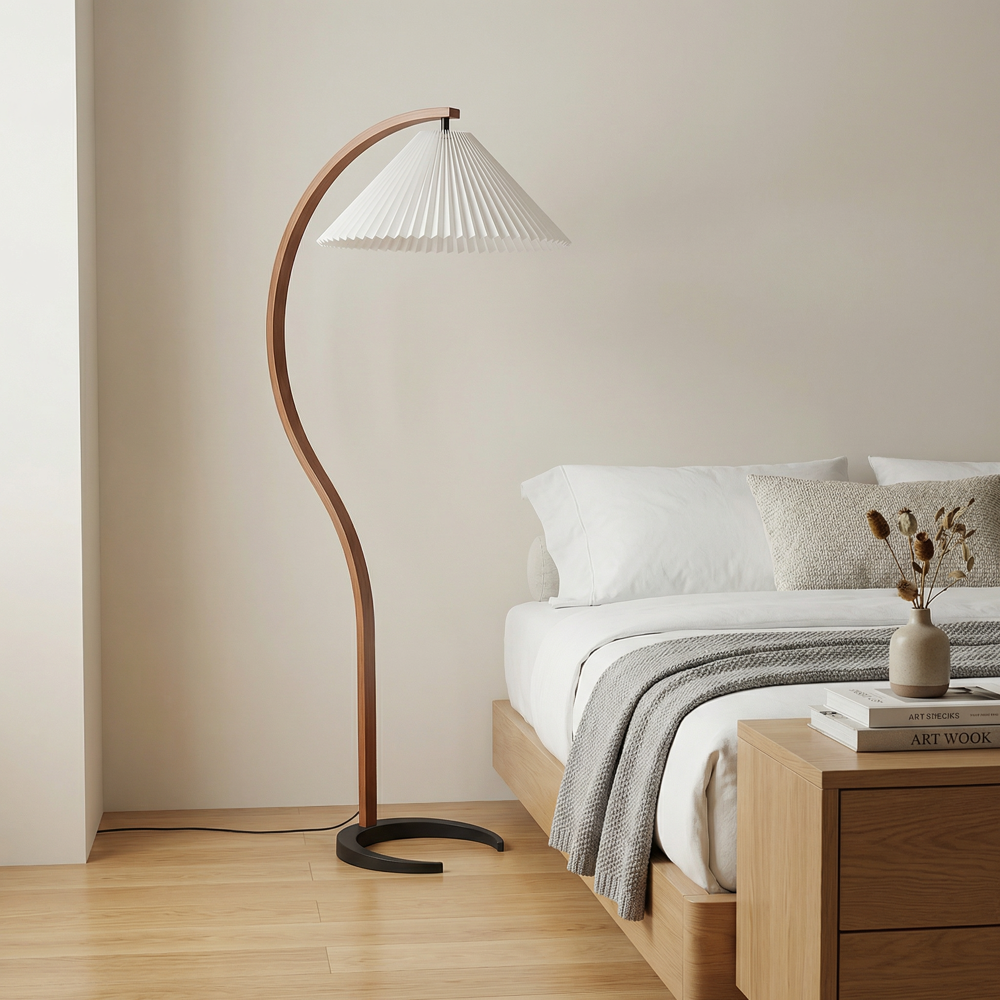 Aurelia Collection Modern Floor Lamp With Curved Beech Wood Stem For Living Rooms