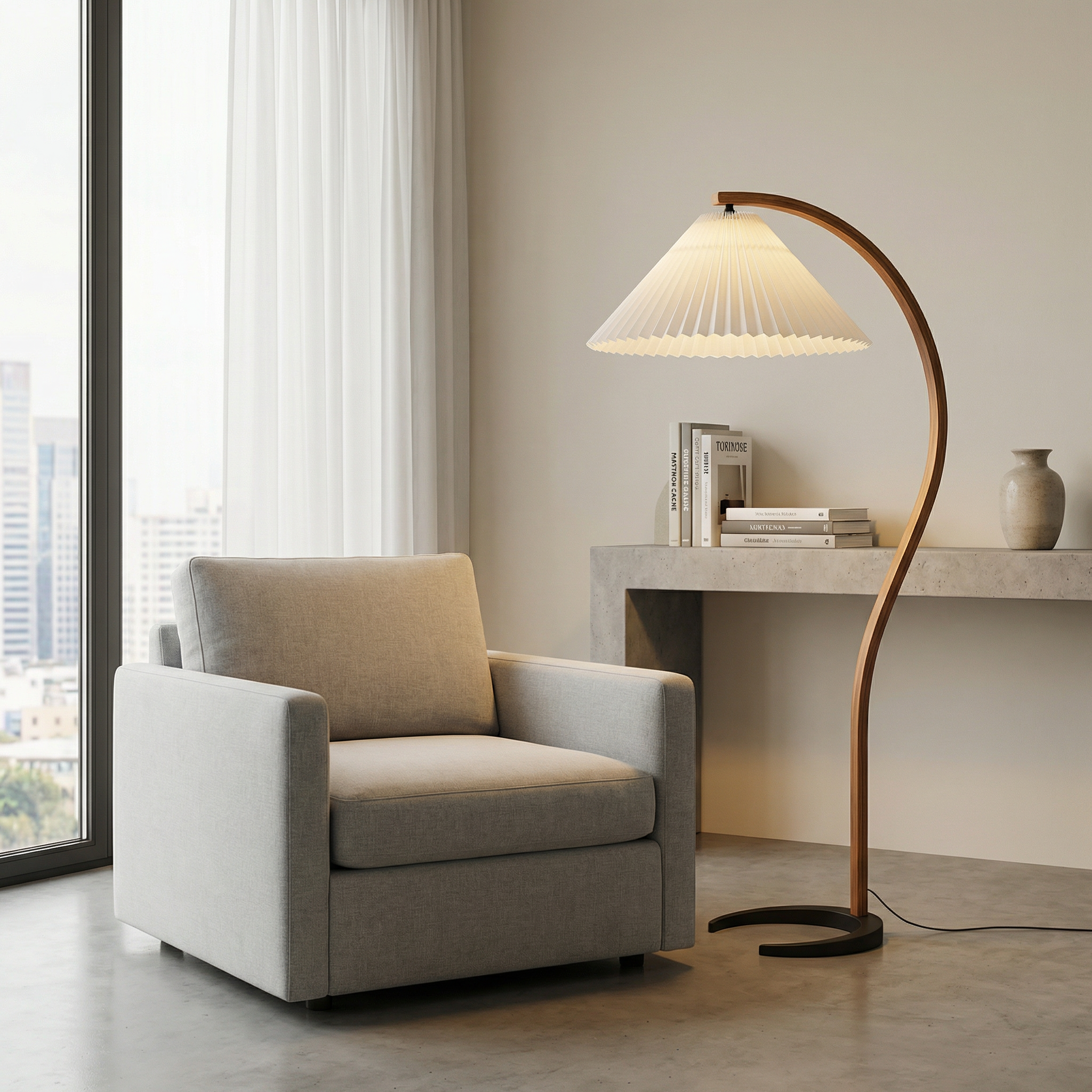 Aurelia Collection Modern Floor Lamp With Curved Beech Wood Stem For Living Rooms